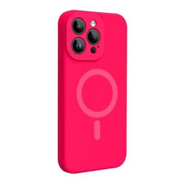 Husa Lemontti Liquid Silicon MagCharge compatibila cu iPhone 15 Pro, Roz Neon, protectie 360 grade, material fin, captusit cu microfibra