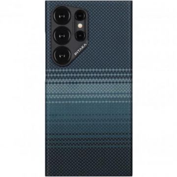 Husa Protectie Spate Pitaka MagEZ 4 Aramida compatibila cu Samsung Galaxy S24 Ultra, MagSafe (Negru/Albastru)
