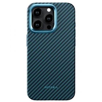 Husa Protectie Spate Pitaka MagEZ Pro 4 Aramida 1500D compatibila cu iPhone 15 Pro, MagSafe (Negru/Albastru)