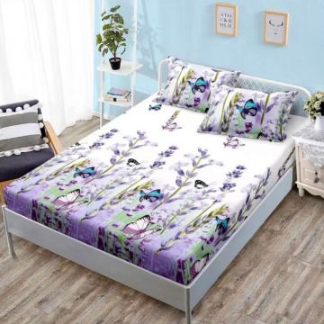 Cearsaf cu elastic Bumbac FINET 160x200cm 2 fete de perne 50x70cm Mov fluturi lavanda