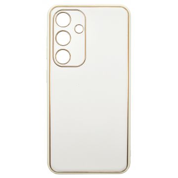 Husa eleganta din piele ecologica pentru Samsung Galaxy S24 cu accente aurii, Alb