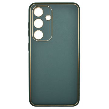 Husa eleganta din piele ecologica pentru Samsung Galaxy S24 cu accente aurii, Verde inchis