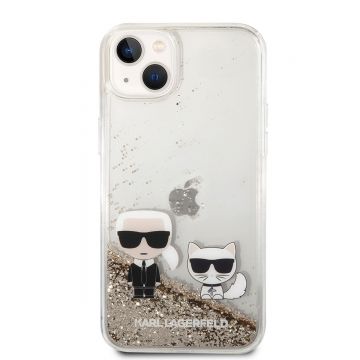 Husa telefon Karl Lagerfeld pentru iPhone 14 Plus, Liquid Glitter Karl and Choupette, Plastic, Auriu