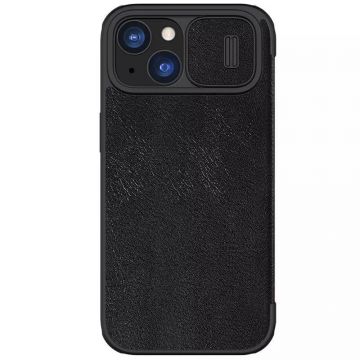 Husa de protectie telefon tip carte din piele ecologica Lether Case compatibila cu iPhone 15, Negru - ES02048