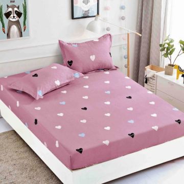 Cearsaf cu elastic Bumbac FINET 160/180x200cm 2 fete de perne 50x70cm Jojo Home Roz pudra inimioare