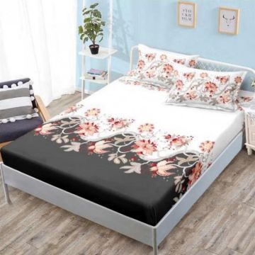 Cearsaf cu elastic Bumbac FINET 160x200cm 2 fete de perne 50x70cm Alb-Gri flori