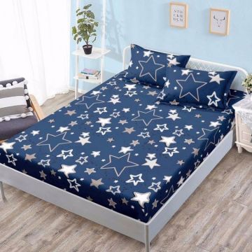 Cearsaf cu elastic Bumbac FINET 160x200cm 2 fete de perne 50x70cm Albastru stelute