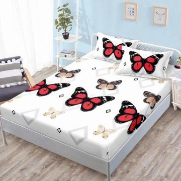 Cearsaf cu elastic Bumbac FINET 160x200cm 2 fete de perne 50x70cm Rosu fluturi forme geometrice