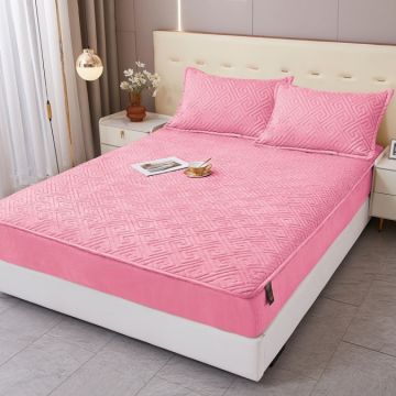 Husă Matlasată Tip Topper din Catifea 160x200cm cu 2 Fețe de Pernă 50x70cm - Somn Odihnitor și Susținere pentru Spate Roz