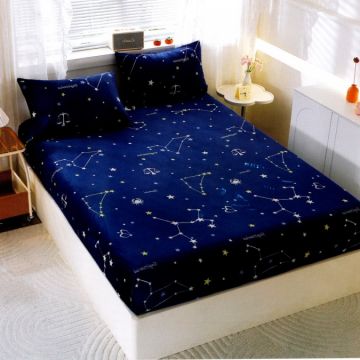 Cearșaf cu Elastic Cocolino 180x200x25 cm – Set cu 2 Fețe de Pernă Gros și Pufos Calitate Premium pentru Confort și Eleganță Albastru Constelatii