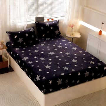 Cearșaf cu Elastic Cocolino 180x200x25 cm – Set cu 2 Fețe de Pernă Gros și Pufos Calitate Premium pentru Confort și Eleganță Bleumarin Stelute