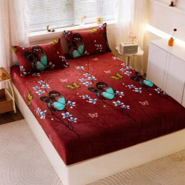 Cearșaf cu Elastic Cocolino 180x200x25 cm – Set cu 2 Fețe de Pernă Gros și Pufos Calitate Premium pentru Confort și Eleganță Grena Fluturi