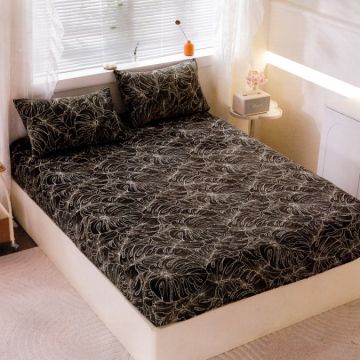 Cearșaf cu Elastic Cocolino 180x200x25 cm – Set cu 2 Fețe de Pernă Gros și Pufos Calitate Premium pentru Confort și Eleganță Negru Alb Frunze
