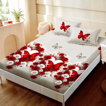 Cearsaf cu elastic Bumbac FINET 160x200cm 2 fete de perne 50x70cm Gri Rosu Fluturi – confort și eleganță pentru patul tău
