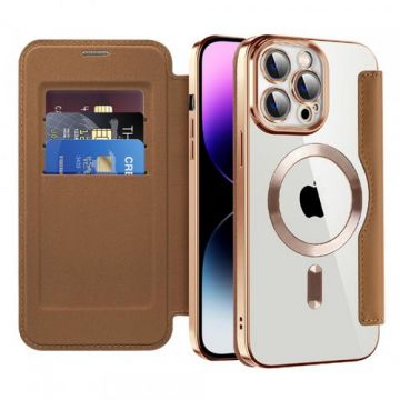 Husa MagSafe pentru Apple iPhone 14 Pro Max, Techsuit, SmartMag Book, Maro