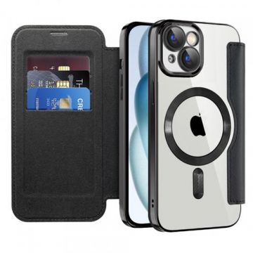 Husa MagSafe pentru Apple iPhone 15, Techsuit, SmartMag Book, Neagra