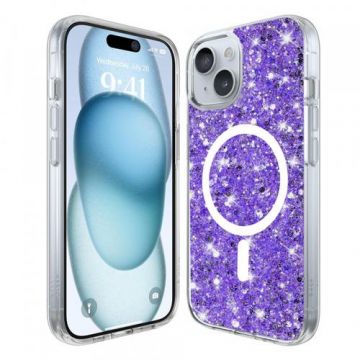 Husa MagSafe pentru Apple iPhone 15, Techsuit, Sparkly Glitter, Mov