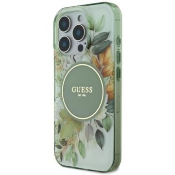 Husa Protectie Spate Guess Flower & Tonal Circle, MagSafe, pentru iPhone 16 Pro (Verde)