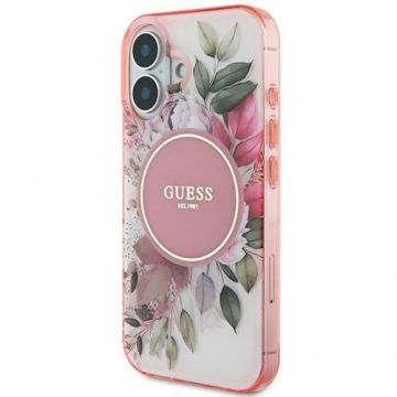Husa Protectie Spate Guess Flower & Tonal Circle, MagSafe, pentru iPhone 16 (Roz)