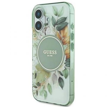 Husa Protectie Spate Guess Flower & Tonal Circle MagSafe pentru iPhone 16 (Verde)