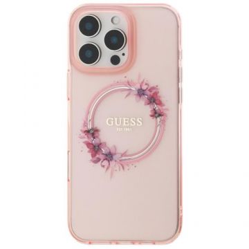 Husa Protectie Spate Guess Flowers Ring, MagSafe, pentru iPhone 16 Pro Max (Roz)