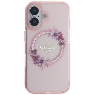 Husa Protectie Spate Guess Flowers Ring, MagSafe, pentru iPhone 16 (Roz)