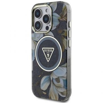 Husa Protectie Spate Guess Glitter Flowers Triangle Buttons, MagSafe, pentru iPhone 16 Pro Max (Negru)