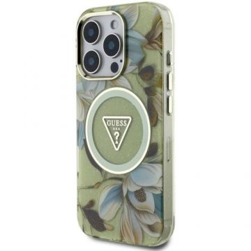Husa Protectie Spate Guess Glitter Flowers Triangle Buttons, MagSafe, pentru iPhone 16 Pro Max (Verde)
