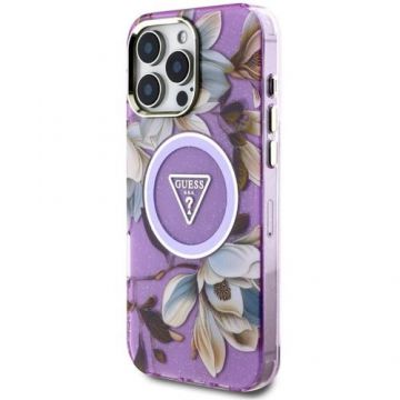 Husa Protectie Spate Guess Glitter Flowers Triangle Buttons, MagSafe, pentru iPhone 16 Pro (Mov)