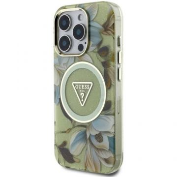 Husa Protectie Spate Guess Glitter Flowers Triangle Buttons, MagSafe, pentru iPhone 16 Pro (Verde)