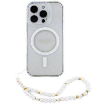 Husa Protectie Spate Guess Glitter, MagSafe, Beads Strap, pentru iPhone 16 Pro (Transparent)