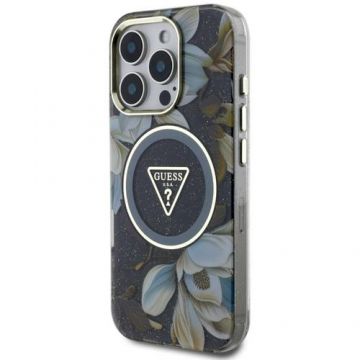 Husa Protectie Spate Guess Glitter Flowers Triangle Buttons, MagSafe, pentru iPhone 16 Pro (Negru)