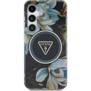 Husa Protectie Spate Guess Glitter Flowers Triangle Buttons, MagSafe, pentru Samsung Galaxy S25 (Negru)