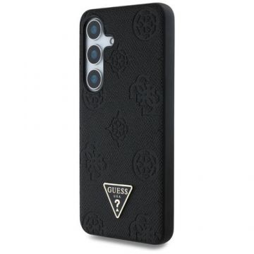 Husa Protectie Spate Guess Grained Hot Stamp Peony Pattern Triangle, MagSafe, pentru Samsung Galaxy S25 (Negru)