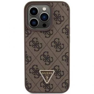 Husa Protectie Spate Guess PU 4G Strass Triangle Metal Logo pentru Apple iPhone 15 Pro (Maro)