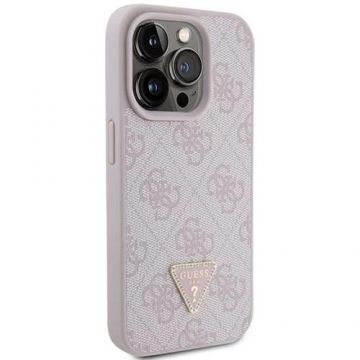Husa Protectie Spate Guess PU 4G Strass Triangle Metal Logo pentru Apple iPhone 15 Pro Max (Roz)