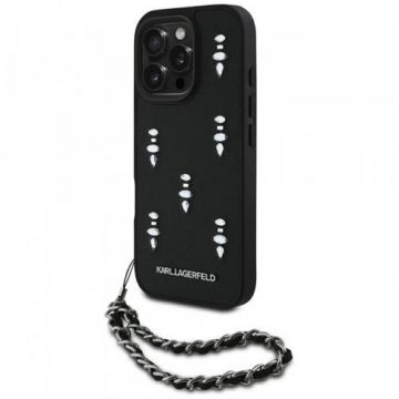 Husa pentru Apple iPhone 16 Pro, Karl Lagerfeld, Saffiano Crystals & Charm, Neagra