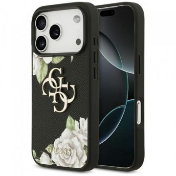 Husa pentru Apple iPhone 17 Pro Max, Guess, 4G Grained Roses Big Logo, Neagra