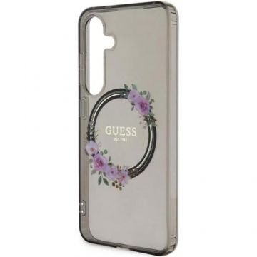 Husa Protectie Spate Guess Flowers Wreath MagSafe pentru Samsung Galaxy S24 (Negru)