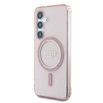 Husa Protectie Spate Guess Glitter Circle Classic Logo MagSafe pentru Samsung Galaxy S25 (Roz)