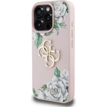 Husa Protectie Spate Guess Grained Roses 4G Metal Logo pentru Appple iPhone 16 Pro (Roz)