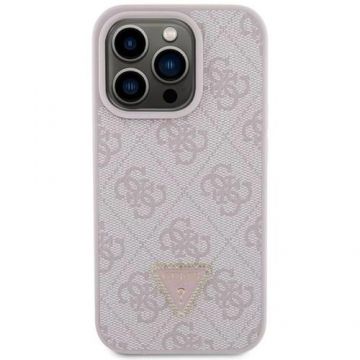 Husa Protectie Spate Guess PU 4G Strass Triangle Metal Logo pentru Apple iPhone 15 Pro (Roz)