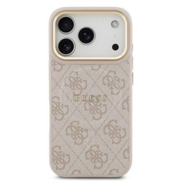 Husa Protectie Spate Guess PU Leather 4G Gold Frame MagSafe pentru Apple iPhone 17 Pro (Roz)
