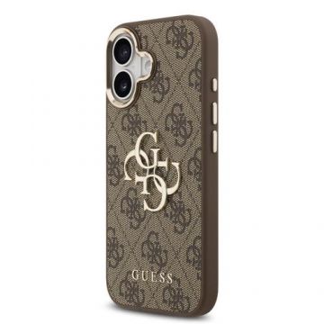 Husa Protectie Spate Guess PU Leather 4G Metal Logo Gold Frame pentru APple iPhone 17 (Maro)