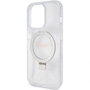 Husa Protectie Spate Guess Ring Stand Glitter MagSafe pentru Apple iPhone 15 Pro (Transparent)