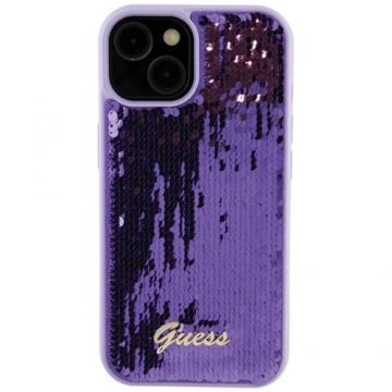 Husa Protectie Spate Guess Sequin Script Logo pentru Apple iPhone 15 (Mov)