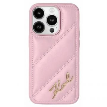 Karl Lagerfeld Husa telefon Karl Lagerfeld Diagonal Quilted, piele naturala, roz, pentru iPhone 15 / 14 / 13 6.1